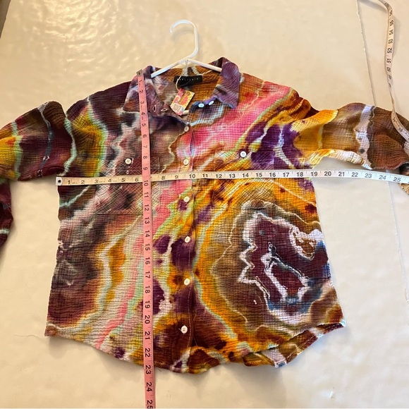 Handmade Geode Tie Dye Button Down Shirt Womens Small Colorful Cotton Crepe Pink - Picture 12 of 13